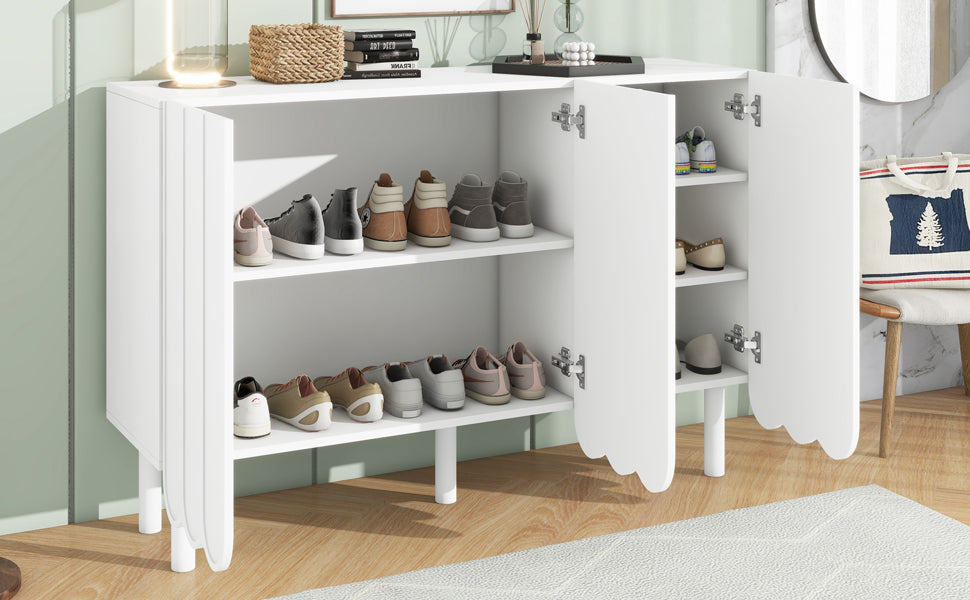 ON-TRANS Cream Style Shoe Cabinet with 5 Adjustable Solid Wood Legs, Large Storage Cabinet with Wave Doors, White - V.I.P Digital Presence