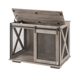 Farmhouse Dog Cage Crate Furniture with Sliding Barn Door, Farmhouse Wooden Dog Kennel End Table with Flip-top Plate Dog House - V.I.P Digital Presence