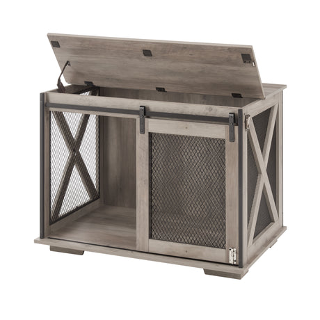 Farmhouse Dog Cage Crate Furniture with Sliding Barn Door, Farmhouse Wooden Dog Kennel End Table with Flip-top Plate Dog House - V.I.P Digital Presence