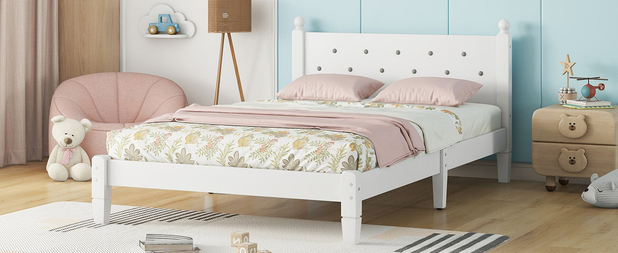 Twin Bed with Button-Decoration Headboard, with Bed Slats,White - V.I.P Digital Presence