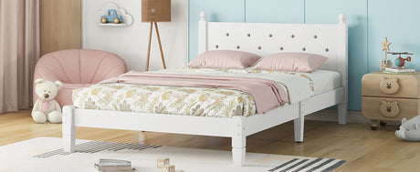 Twin Bed with Button-Decoration Headboard, with Bed Slats,White - V.I.P Digital Presence