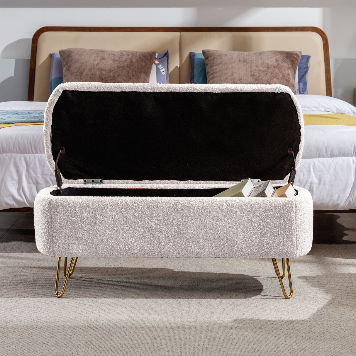 Ivory White Storage Ottoman Bench for End of Bed Gold Legs - V.I.P Digital Presence