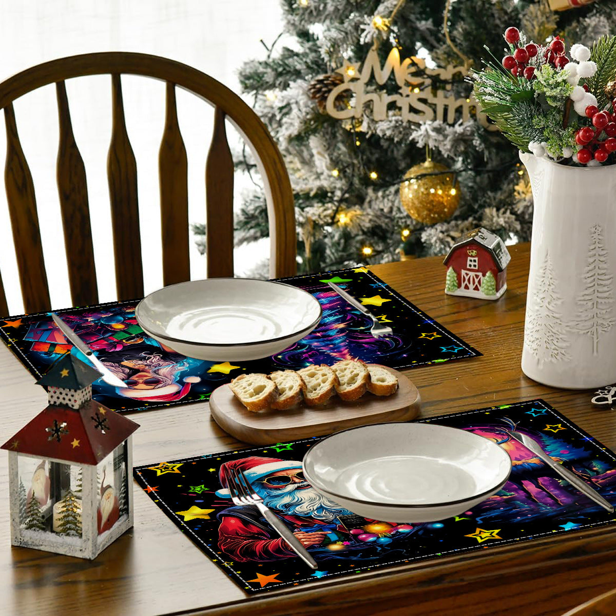 Christmas table mat with white linen starry sky and Santa Claus print - V.I.P Digital Presence