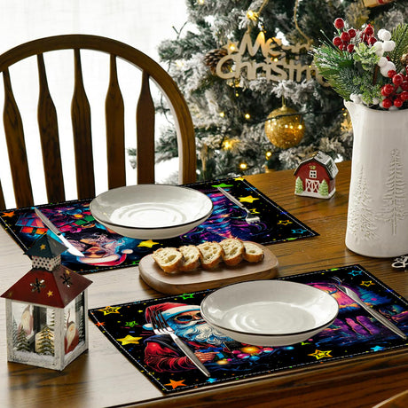 Christmas table mat with white linen starry sky and Santa Claus print - V.I.P Digital Presence