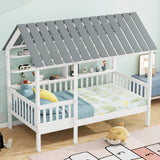 Wood Twin Size House Bed with Roof, Guardrail and Shelves, White - V.I.P Digital Presence