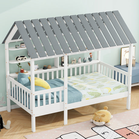 Wood Twin Size House Bed with Roof, Guardrail and Shelves, White - V.I.P Digital Presence