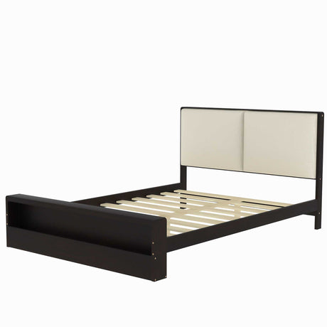 Queen Size Platform Bed Frame with Upholstery Headboard and Bookshelf in Footboard and LED Light Strips, Espresso - V.I.P Digital Presence