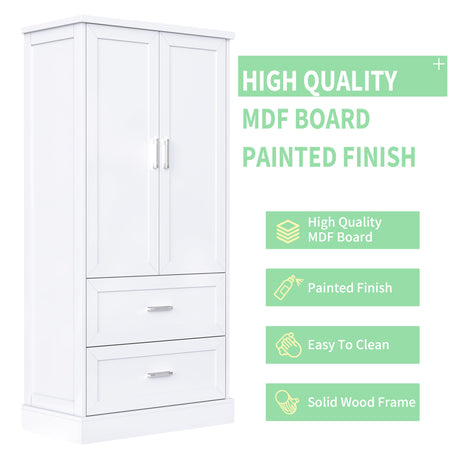 Tall Bathroom Storage Cabinet, Cabinet with Two Doors and Drawers, Adjustable Shelf, MDF Board, White - V.I.P Digital Presence