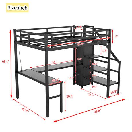 Twin XL loft bed with L-shaped desk and USB, metal loft bed with wardrobe and adjustable shelf, LED loft bed, black - V.I.P Digital Presence