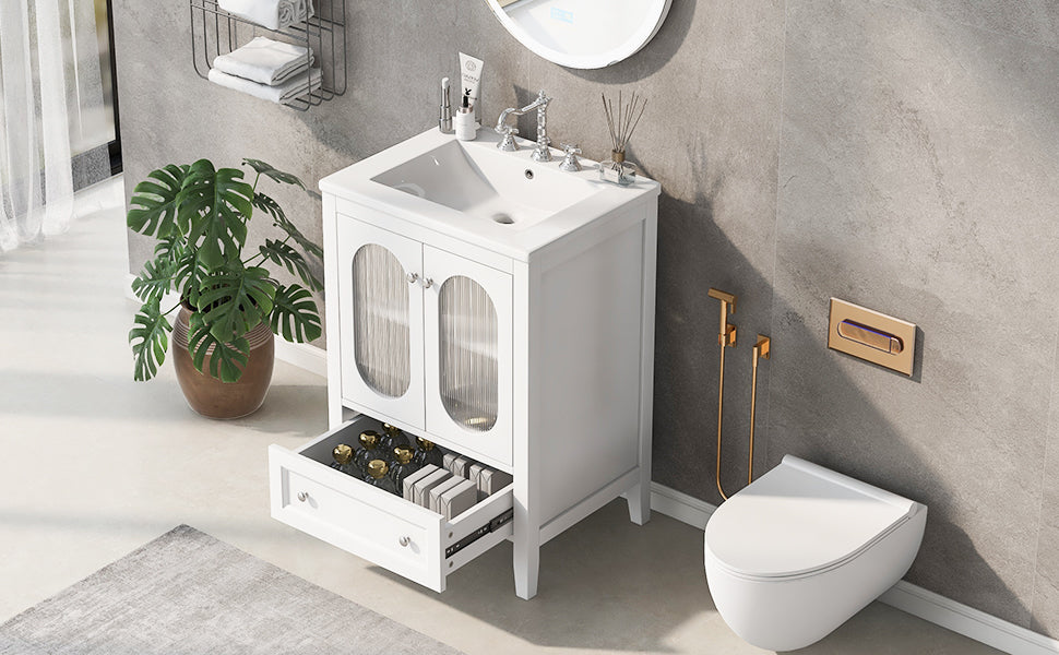 24" Bathroom Vanity with Sink, Bathroom Vanity Cabinet with One Drawer and Doors, Adjustable Shelf, Solid Wood and MDF, White - V.I.P Digital Presence