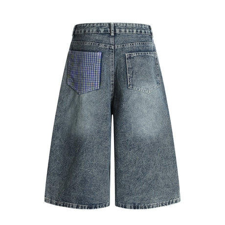 Punk Washed Distressed Denim Shorts Men's Summer Plaid Belted Contrast Pocket Loose Wide-Leg Three-Quarter Pants - V.I.P Digital Presence