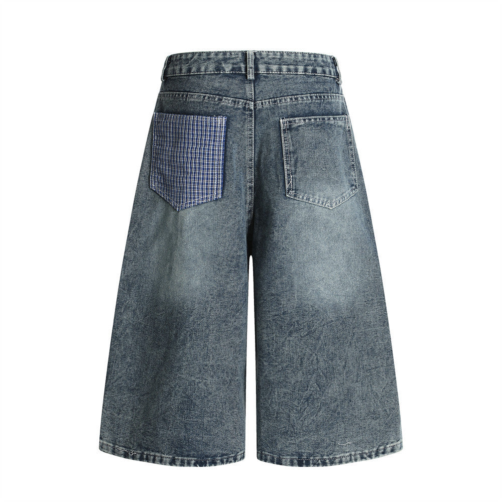 Punk Washed Distressed Denim Shorts Men's Summer Plaid Belted Contrast Pocket Loose Wide-Leg Three-Quarter Pants - V.I.P Digital Presence