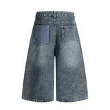 Punk Washed Distressed Denim Shorts Men's Summer Plaid Belted Contrast Pocket Loose Wide-Leg Three-Quarter Pants - V.I.P Digital Presence