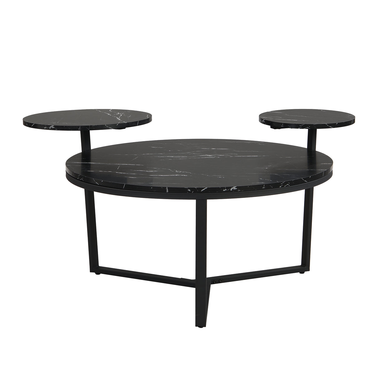 Modern coffee table with two display shelves, Black Faux marble surfaces, Tripod-inspired base,Rounded tabletop edges - V.I.P Digital Presence