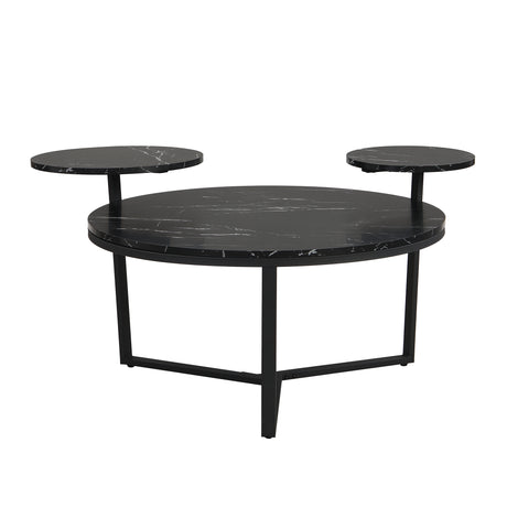 Modern coffee table with two display shelves, Black Faux marble surfaces, Tripod-inspired base,Rounded tabletop edges - V.I.P Digital Presence