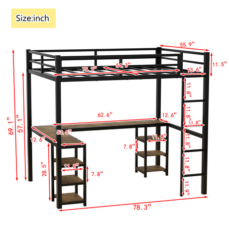 Full metal loft bed with desk and shelf, loft bed with ladder and guardrail, bedroom loft bed frame, black - V.I.P Digital Presence