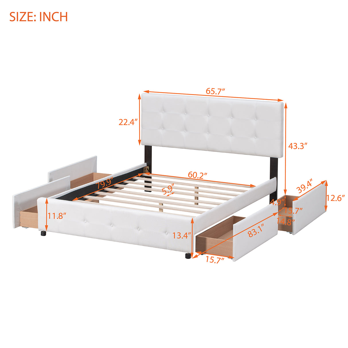 Upholstered Platform Bed with Classic Headboard and 4 Drawers No Box Spring Needed Linen Fabric Queen Size White - V.I.P Digital Presence