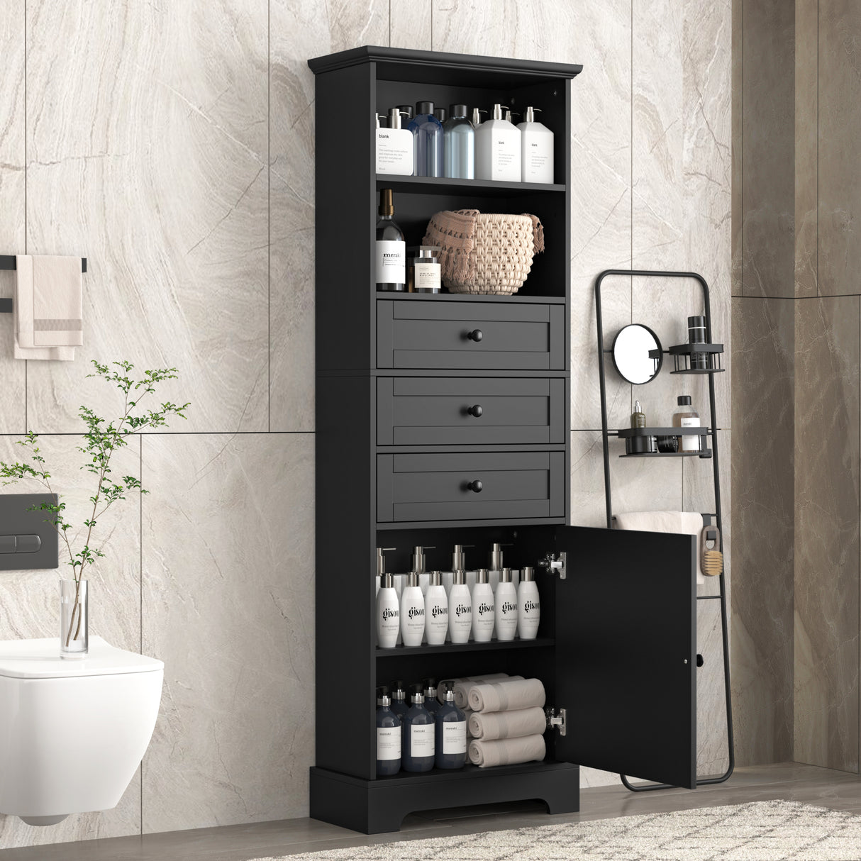 Black high storage cabinet with 3 drawers and adjustable shelves, MDF board painted - V.I.P Digital Presence