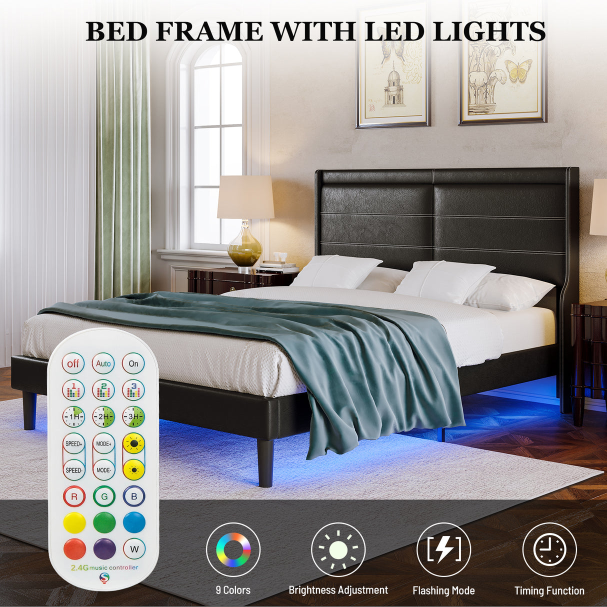 Stylish Queen Size PU Leather Upholstered Bed Frame Platform Bed Black - V.I.P Digital Presence