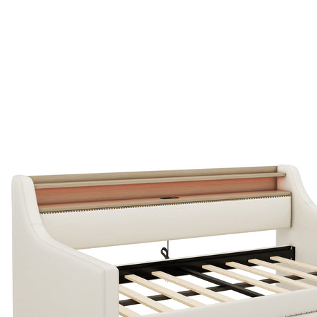 Twin Size Daybed with Storage Drawers, Upholstered Daybed with Charging Station and LED Lights, Beige - V.I.P Digital Presence