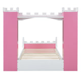 Castle-Shaped Wooden Bed with Storage Shelf, Dreamy Twin Size Platform Bed for Kids Bedroom, Pink+ White - V.I.P Digital Presence