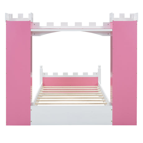 Castle-Shaped Wooden Bed with Storage Shelf, Dreamy Twin Size Platform Bed for Kids Bedroom, Pink+ White - V.I.P Digital Presence