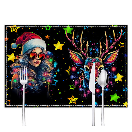 Christmas table mat with white linen starry sky and Santa Claus print - V.I.P Digital Presence