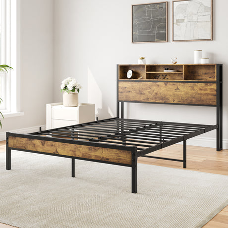 Full Size Bed Frame with Storage Headboard Metal Platform Bed with Charging Station Black - V.I.P Digital Presence