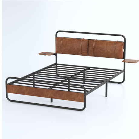 King Size Metal Bed Frame with Upholstered Headboard, with wireless charging and USB A & USB C, Touch LED light Vintage Brown - V.I.P Digital Presence