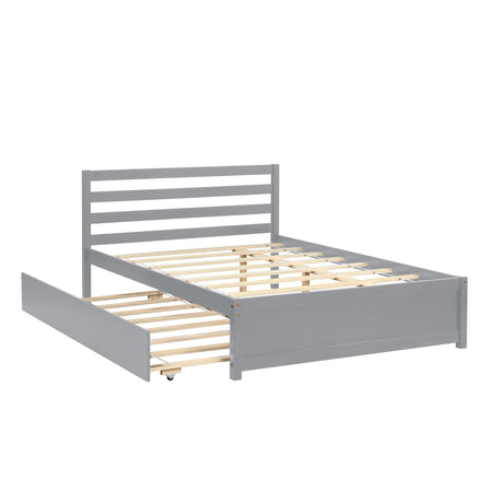Full Size Wood Platform Bed Frame with Headboard and Twin Trundle For Grey Color - V.I.P Digital Presence