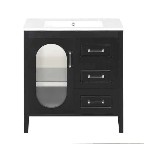 30" Bathroom Vanity with Sink, Bathroom Vanity Cabinet with Two Drawers and Door, Adjustable Shelf, Solid Wood and MDF, Black - V.I.P Digital Presence