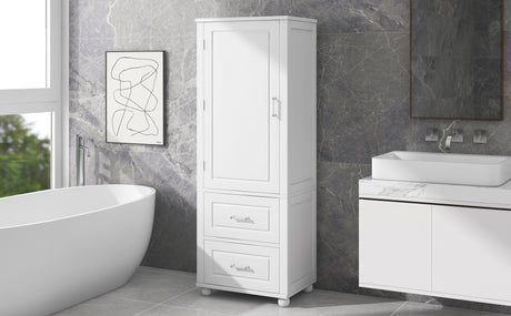 Tall bathroom storage cabinet with two drawers and adjustable shelves for independent storage - V.I.P Digital Presence