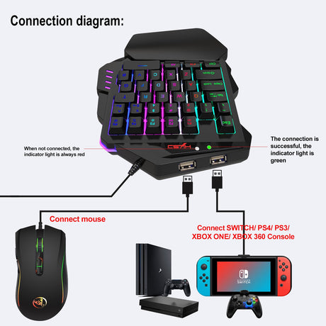 V500 gaming one handed keyboard RGB illuminated keyboard built-in converter supports PS3 and PS4 gaming consoles - V.I.P Digital Presence