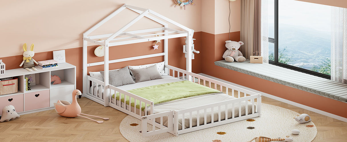 Wooden Full Size Children's Bed with Detachable Headboard and Integrated Clothes Drying Rack, White - V.I.P Digital Presence