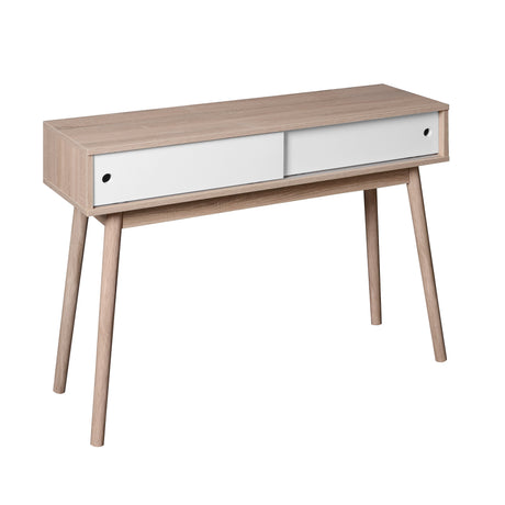 Kitchen Mid-Century Table Writing Desk with 2 Push-pull White Panel Drawers and Wood Legs, Natural Color - V.I.P Digital Presence