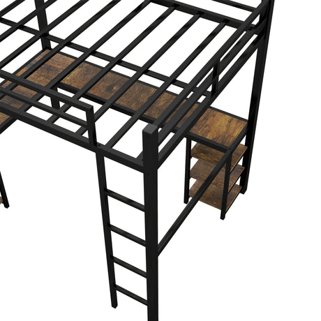 Full metal loft bed with desk and shelf, loft bed with ladder and guardrail, black with retro wood desk - V.I.P Digital Presence
