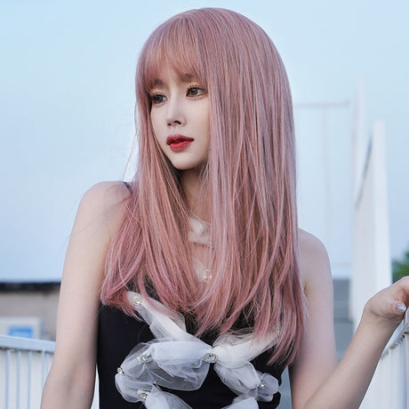 Wig Female Long Hair Full Head Set Type Net Red Long Straight Hair Air Bangs Pink Wig Set Fashion Wig - V.I.P Digital Presence