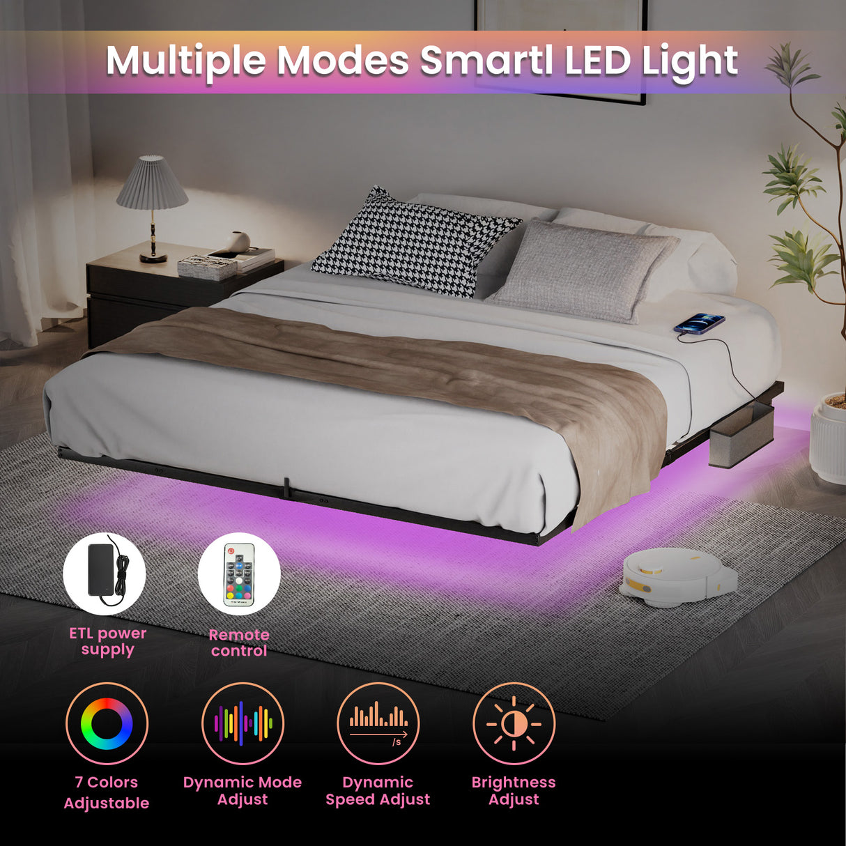 Floating Bed Frame King Size with LED Lights ＆ charging station, Metal Platform Queen Bed, 79.9'' L x 76.2'' W x 7.9'' H. - V.I.P Digital Presence