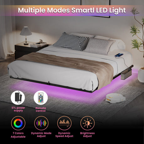 Floating Bed Frame King Size with LED Lights ＆ charging station, Metal Platform Queen Bed, 79.9'' L x 76.2'' W x 7.9'' H. - V.I.P Digital Presence