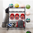Four layer metal storage rack, large ball storage rack with rollers, baskets, and hooks - V.I.P Digital Presence