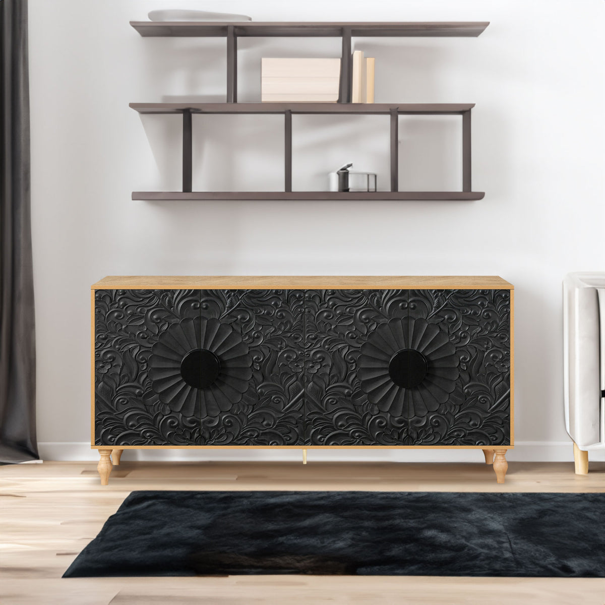 Black Carved Symmetrical Design Door And Wood Coloured Frame For TV Stand Table,Living Room ,Entryway - V.I.P Digital Presence