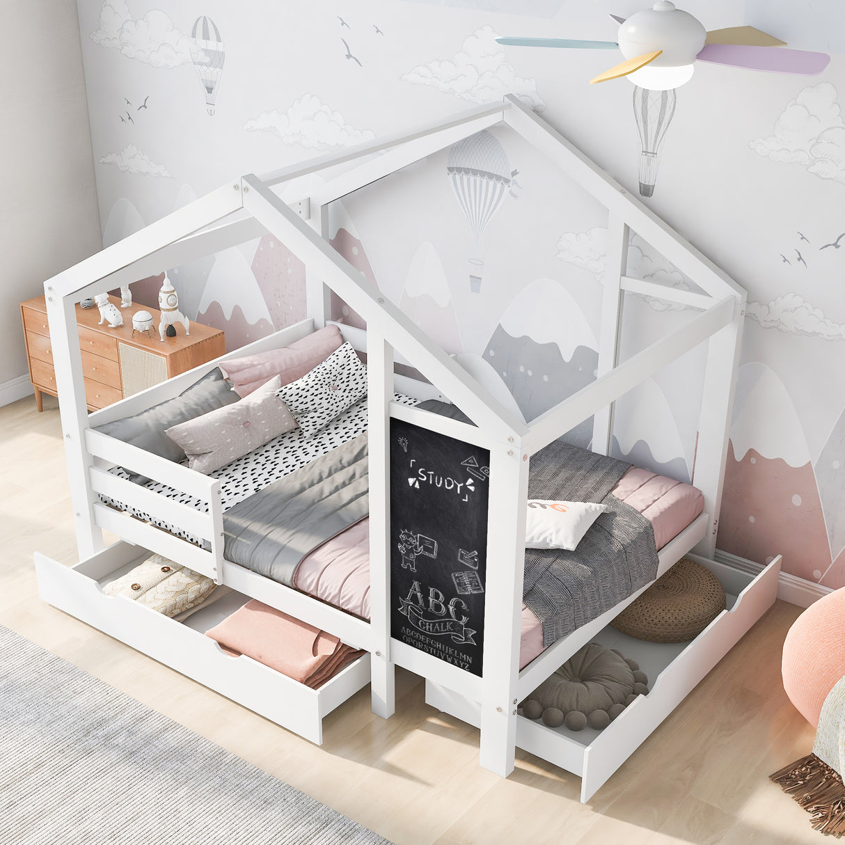 Full House Bed with Blackboard and Drawers Two assembly options White - V.I.P Digital Presence