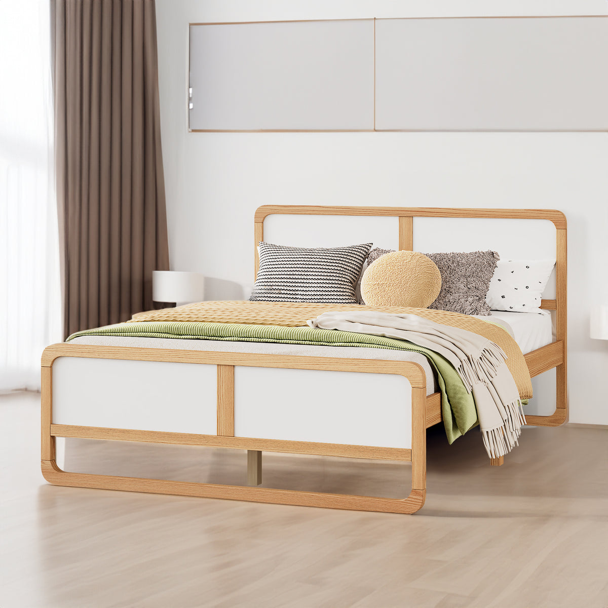 Modern Style Queen Size Solid Wood Platform Bed for Kids, Teens, Adults, No Need Box Spring, Walnut and White - V.I.P Digital Presence