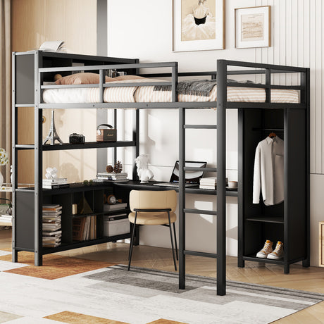 Metal loft bed with wardrobe and L-shaped desk, full-size loft bed with storage cabinet and shelf, heavy-duty loft bed, black - V.I.P Digital Presence