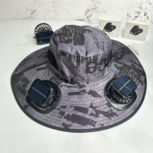 Solar fan hat: wide - brim bucket hat with 2 solar fans, men’s summer cap for outdoor fishing, camping, hiking. - V.I.P Digital Presence