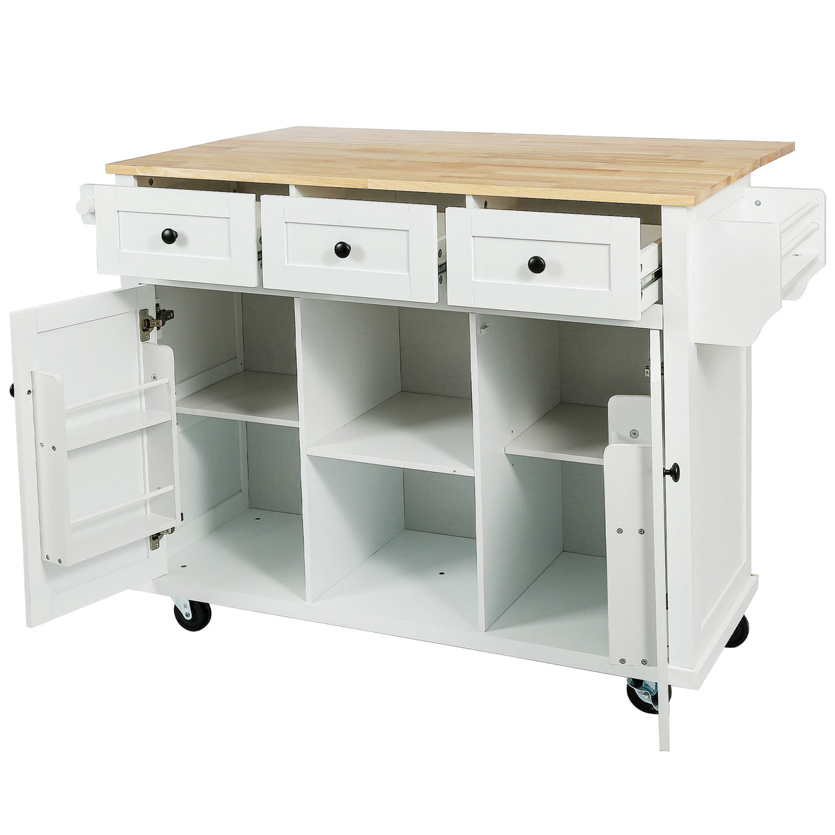 Kitchen trolley with rubber wood leaf countertop, 5-wheel kitchen island, storage cabinet and 3 dining drawers, white - V.I.P Digital Presence