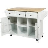 Kitchen trolley with rubber wood leaf countertop, 5-wheel kitchen island, storage cabinet and 3 dining drawers, white - V.I.P Digital Presence