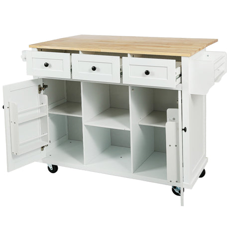 Kitchen trolley with rubber wood leaf countertop, 5-wheel kitchen island, storage cabinet and 3 dining drawers, white - V.I.P Digital Presence