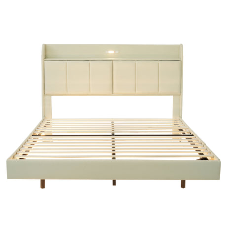Large floating bed frame with storage headboard, touch sensor, night light and USB charger, padded platform bed, beige color - V.I.P Digital Presence