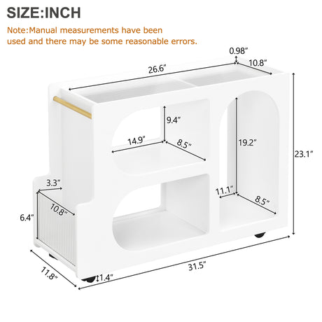 Stylish mobile desk with lockable wheels, white bedside table with 5mm thick grooved tempered glass and gold round bars - V.I.P Digital Presence